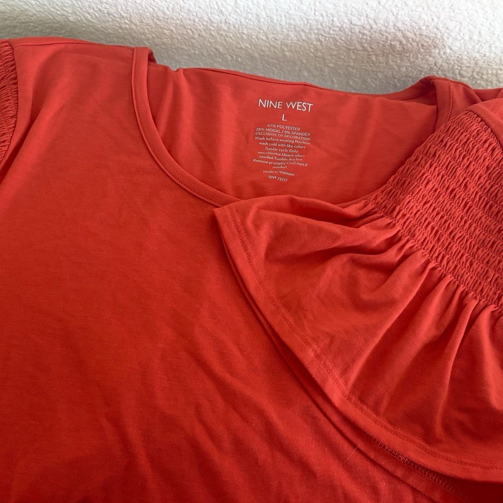 Nine West Shirt Orange Butterfly, Bell Short Cap Sleeve With Elastic Womens Sz L